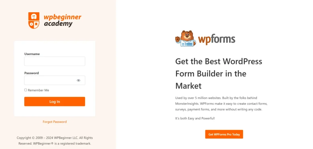 WPBeginner Academy 自定义 WordPress 登录页面:用户名和密码字段,旁边有 WPForms 促销横幅