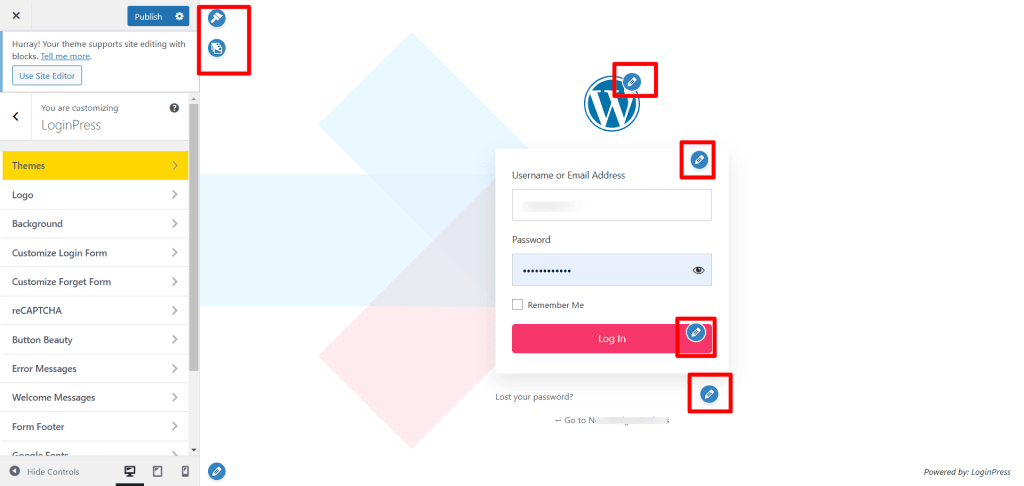 LoginPress 插件实时自定义器界面:编辑 WordPress 登录页面