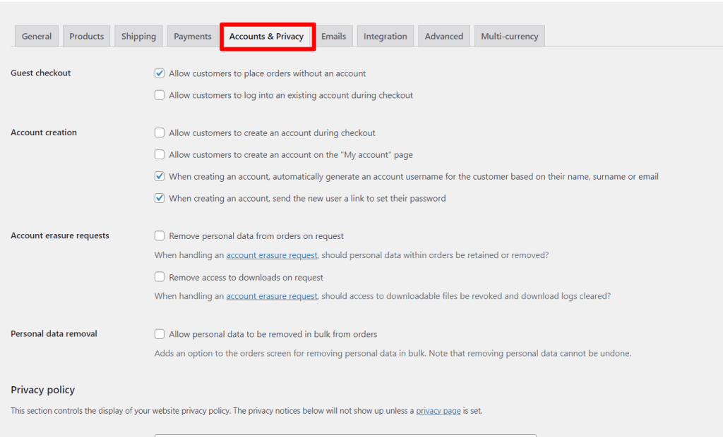 WooCommerce 账户和隐私设置默认设置