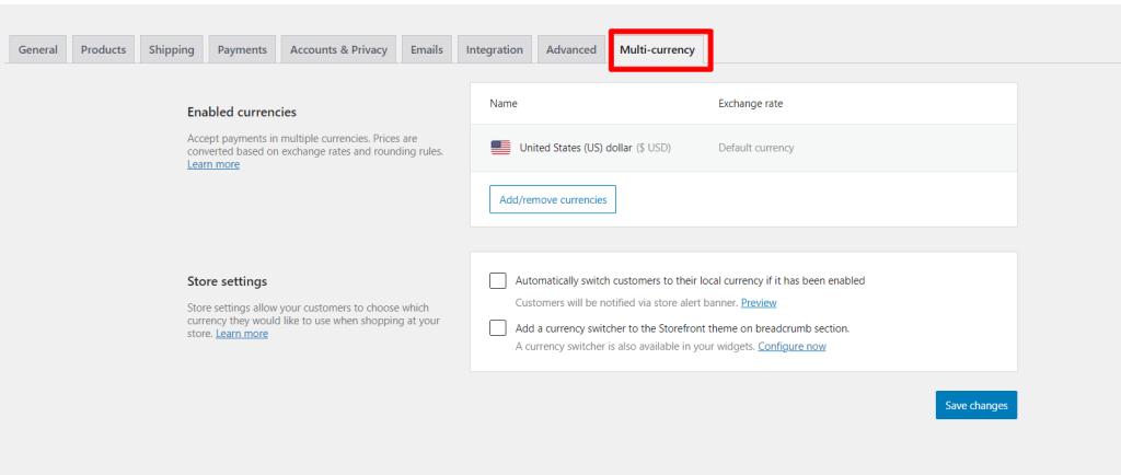 WooCommerce 多货币标签页设置