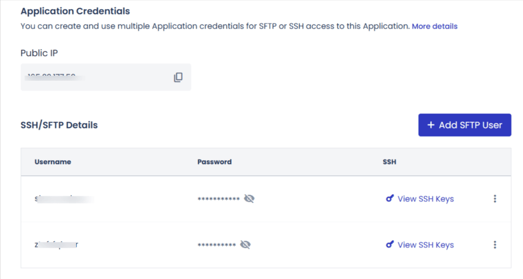 Cloudways 托管账户中的 SFTP 凭据页面