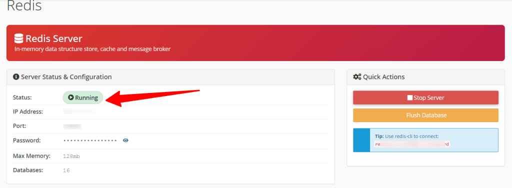 cPanel Redis Server 界面：显示运行状态，红色箭头指向状态指示器