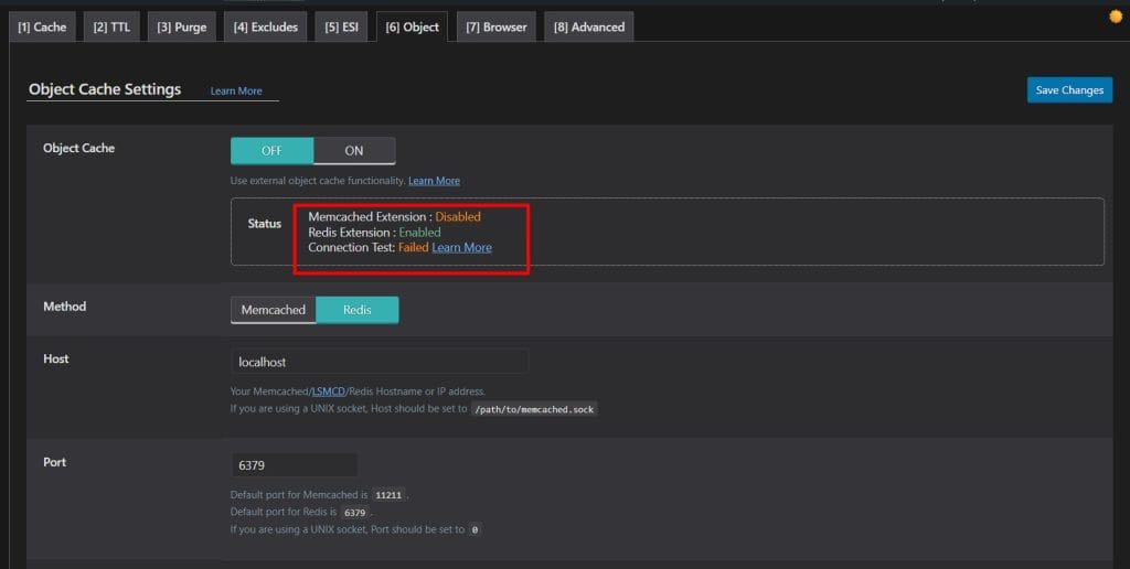 WordPress 插件中的对象缓存设置界面：显示已启用 Redis 扩展但连接测试失败