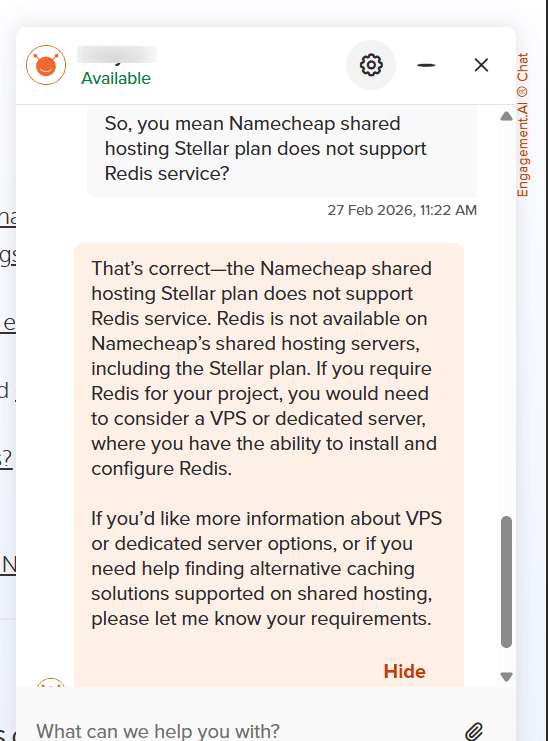 Namecheap 支持聊天框：说明 Stellar 共享托管方案不支持 Redis