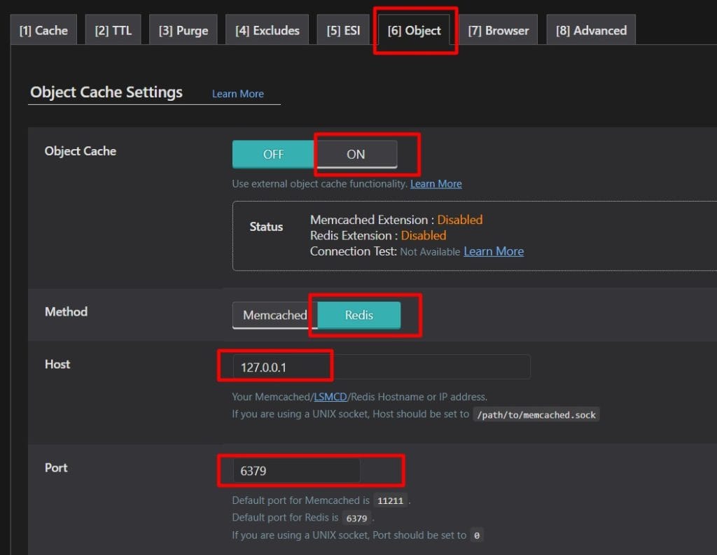 LiteSpeed Cache 对象缓存设置界面：Redis 方法已启用，配置 localhost 和默认端口