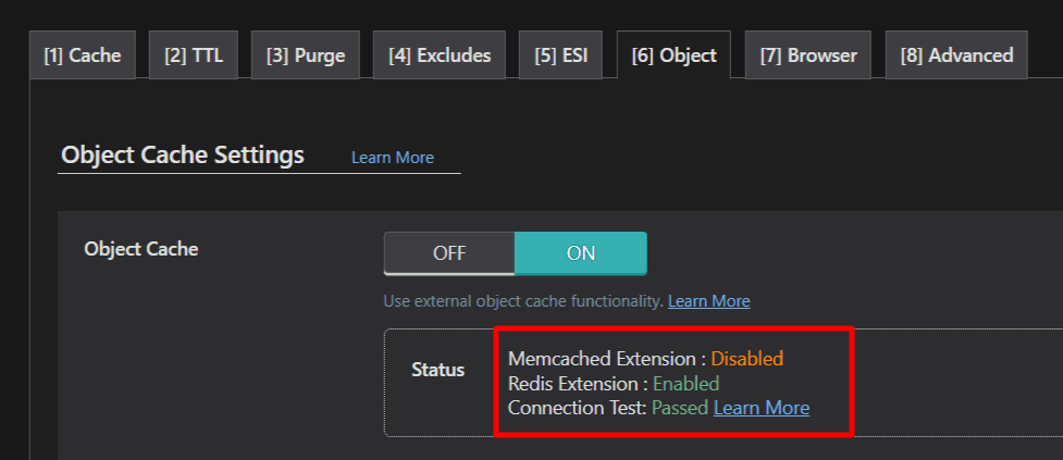 WordPress 插件中的对象缓存设置：Redis 已启用，连接测试状态成功
