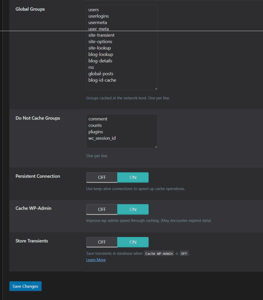 WordPress 插件中的对象缓存设置：Redis 已启用，显示持久连接、缓存 WP-Admin 和存储瞬态选项