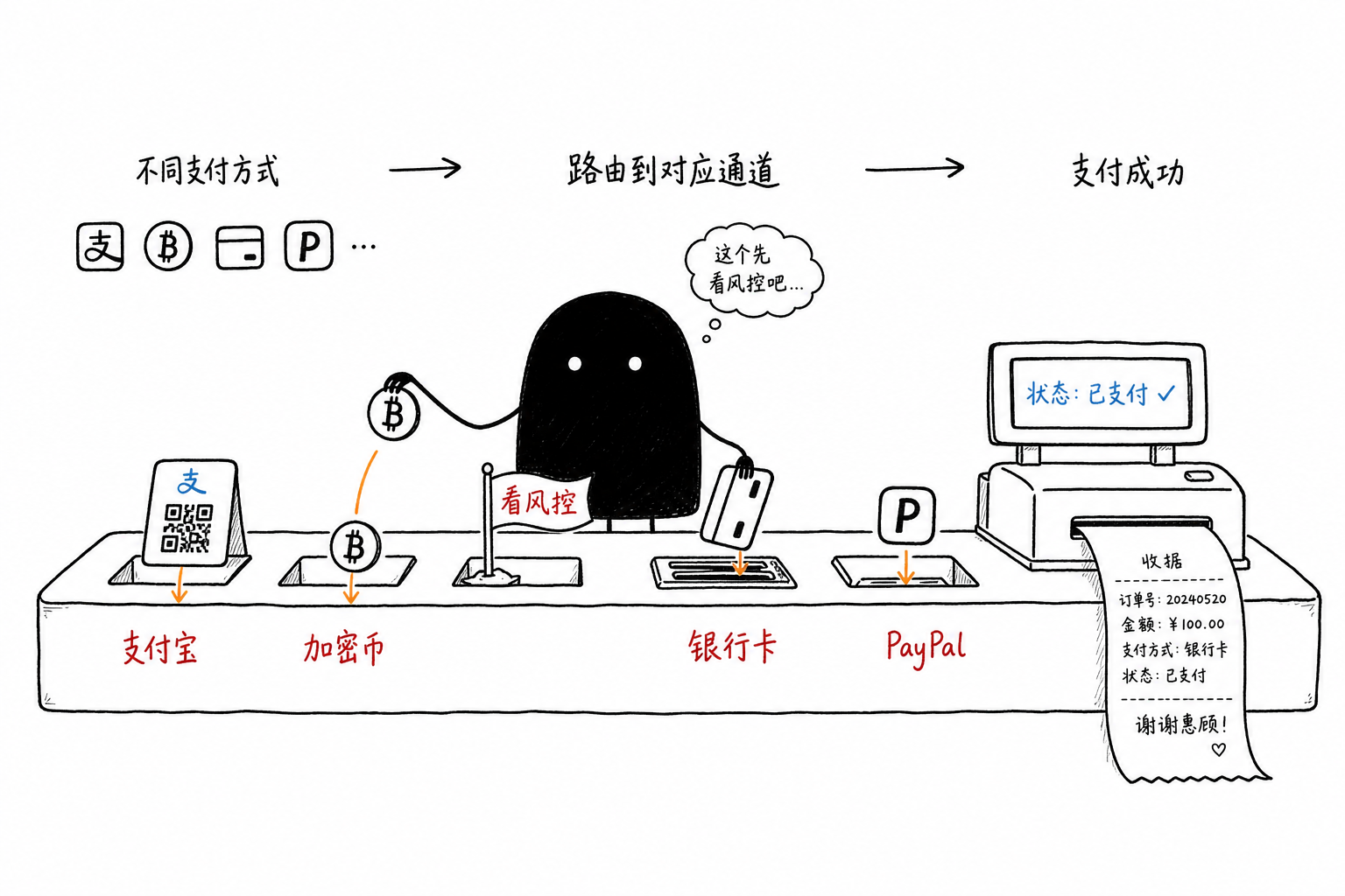 多支付收银台：支付宝/加密币/卡投进对应口，有的口还看风控