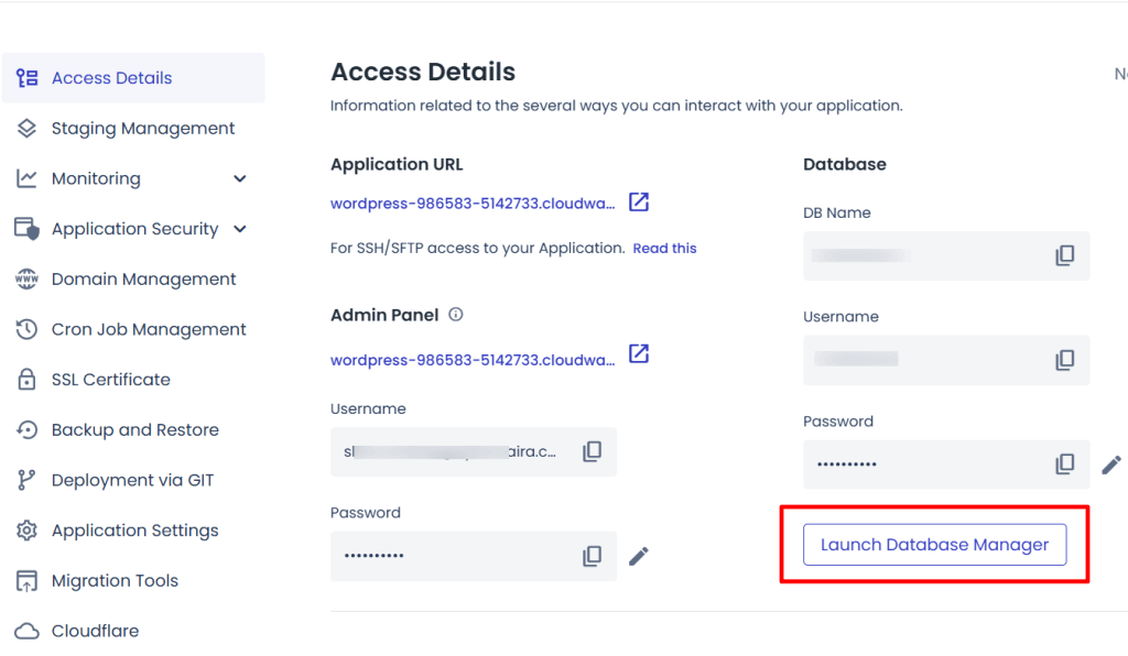 Cloudways 托管仪表盘 - 启动数据库按钮