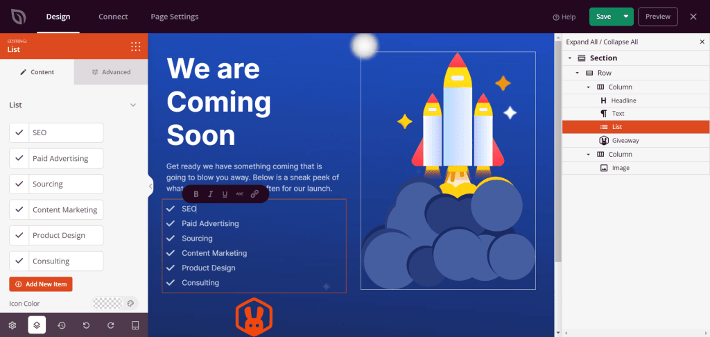 SeedProd 图标列表设置面板
