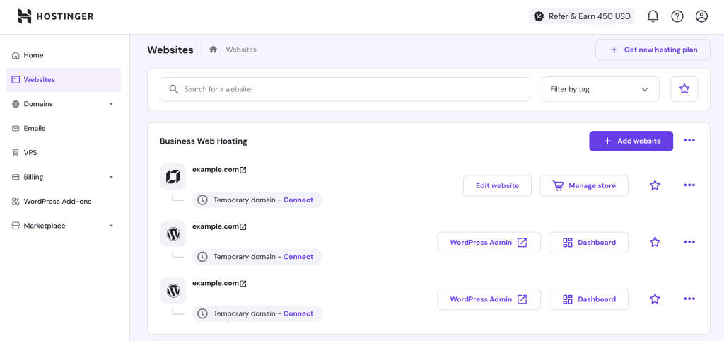 Hostinger hPanel 仪表盘截图:显示网站管理区块。左侧边栏有首页、网站、域名、邮箱、VPS、计费、WordPress 附加组件和市场导航链接。主区域商业 Web 托管列出多个 example.com 实例,带编辑网站、访问 WordPress 后台和打开仪表盘选项。右上角有紫色添加网站按钮和获取新托管方案选项