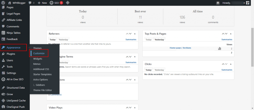 WordPress 后台菜单 - 外观>>自定义器