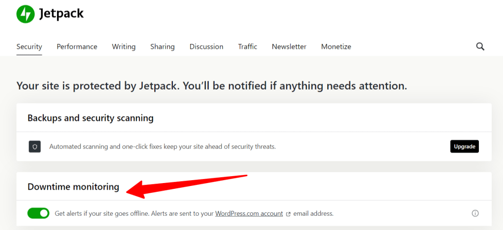 WordPress 仪表盘中的 Jetpack 宕机监控按钮