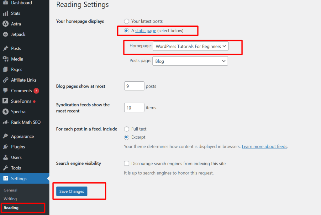 WordPress 阅读页面设置——选择首页
