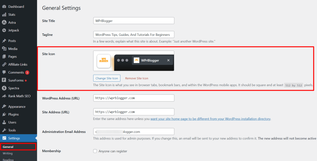 WordPress 站点身份的常规设置页面