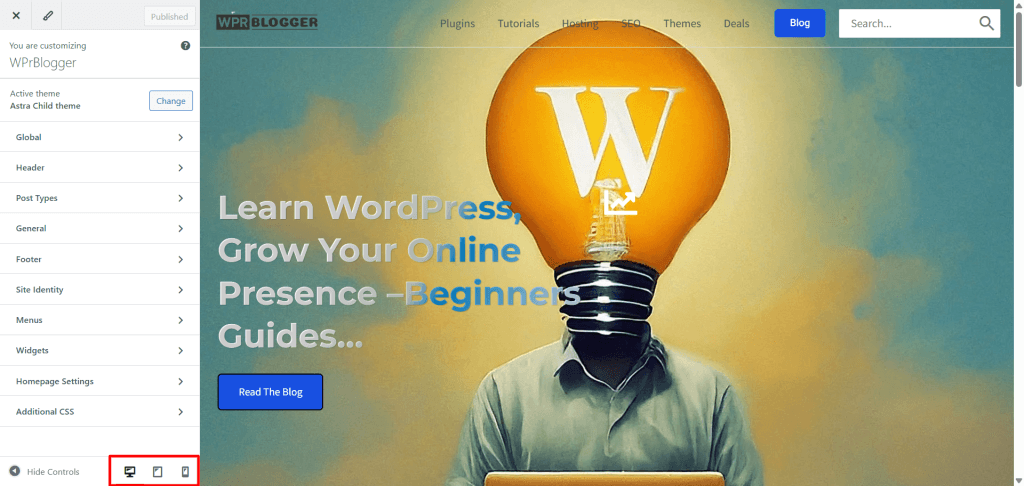 WordPress 定制器底部预览图标按钮