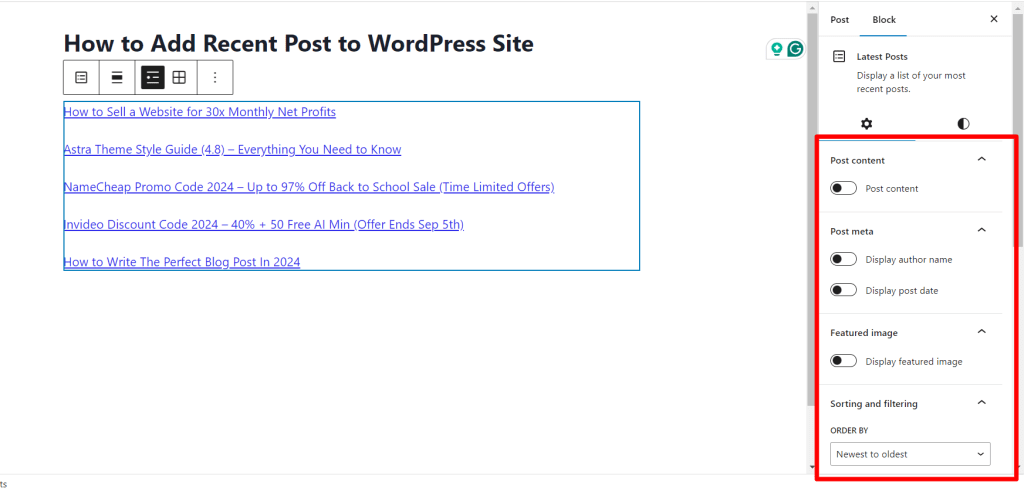 WordPress 中的最新文章块设置