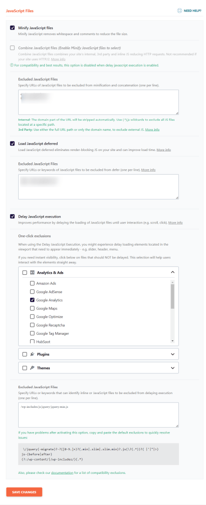 WP Rocket JS 文件设置页面
