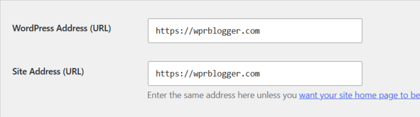 WordPress 常规设置面板:显示 WordPress 地址(URL)和站点地址(URL)文本字段