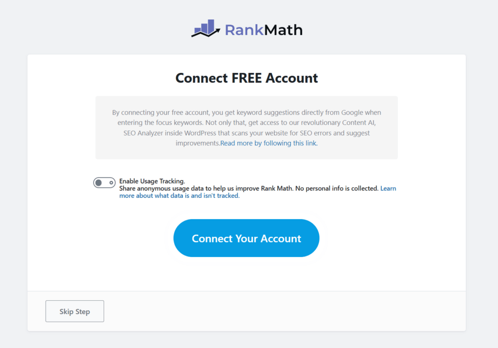 Rank Math 插件设置向导界面:连接免费账户、启用使用追踪选项和连接账户按钮