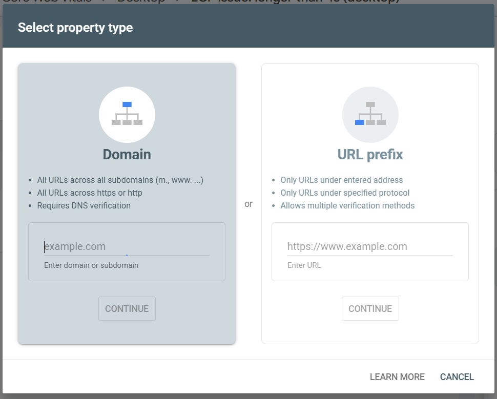 Google Search Console 选择资源类型窗口:显示域名验证或 URL 前缀验证的设置选项