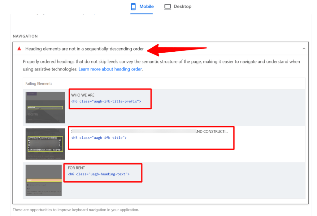 Google Lighthouse 无障碍审计报告:标题元素未按顺序降序导致失败元素