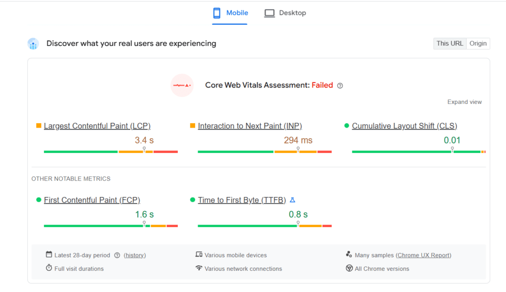 PageSpeed Insights 失败的 Core Web Vitals 评估分数:最大内容绘制、与下一绘制的交互、累计布局偏移、首次内容绘制和首字节时间