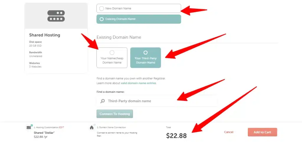 Namecheap 结账界面:显示把现有第三方域名连接到 Stellar 共享主机方案的选项