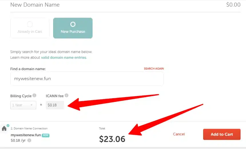 Namecheap 域名注册结账页面:显示新域名 0.18 美元 ICANN 费用和 23.06 美元总价