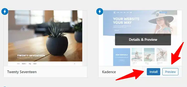 WordPress 主题页面:高亮显示 Kadence 主题,带安装和预览按钮,红色箭头指向操作