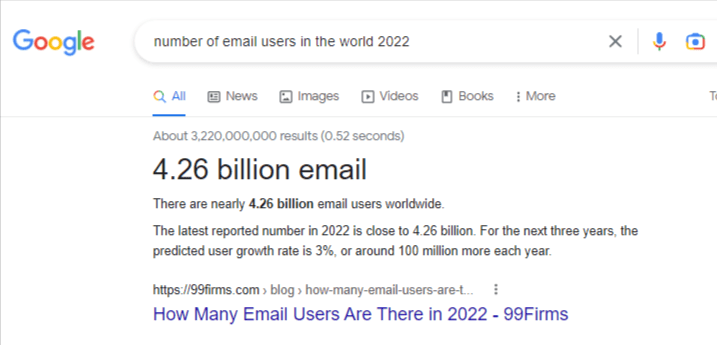 Google 搜索结果:显示 2022 年全球 42.6 亿邮件用户及精选片段