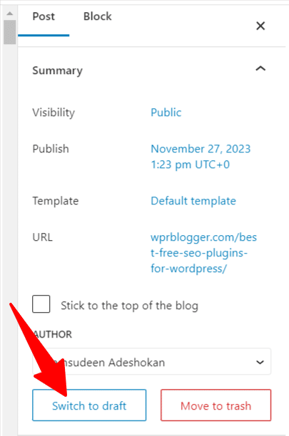 WordPress 文章编辑器界面 - 切换到草稿选项