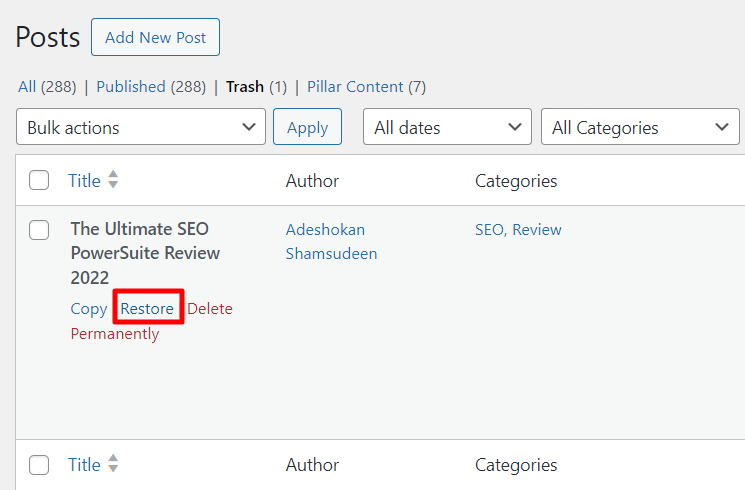WordPress 恢复文章设置