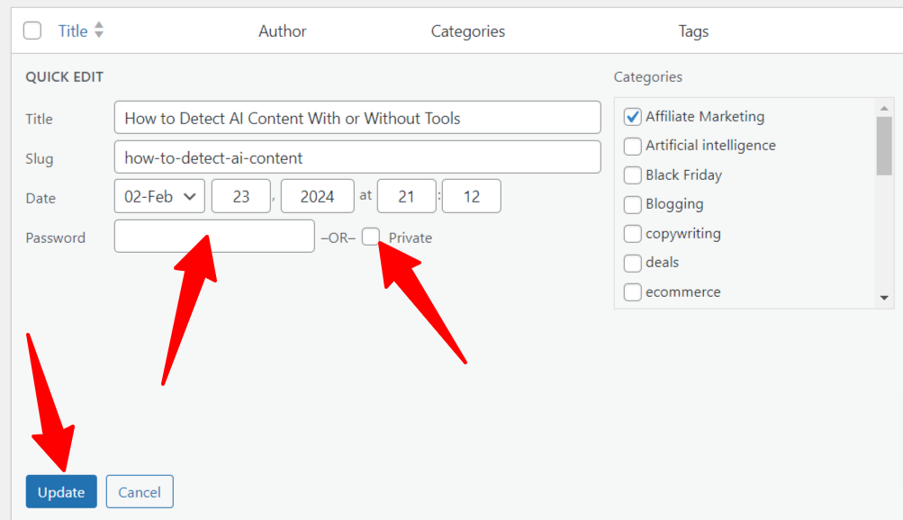 WordPress 文章 - 私密或密码保护选项