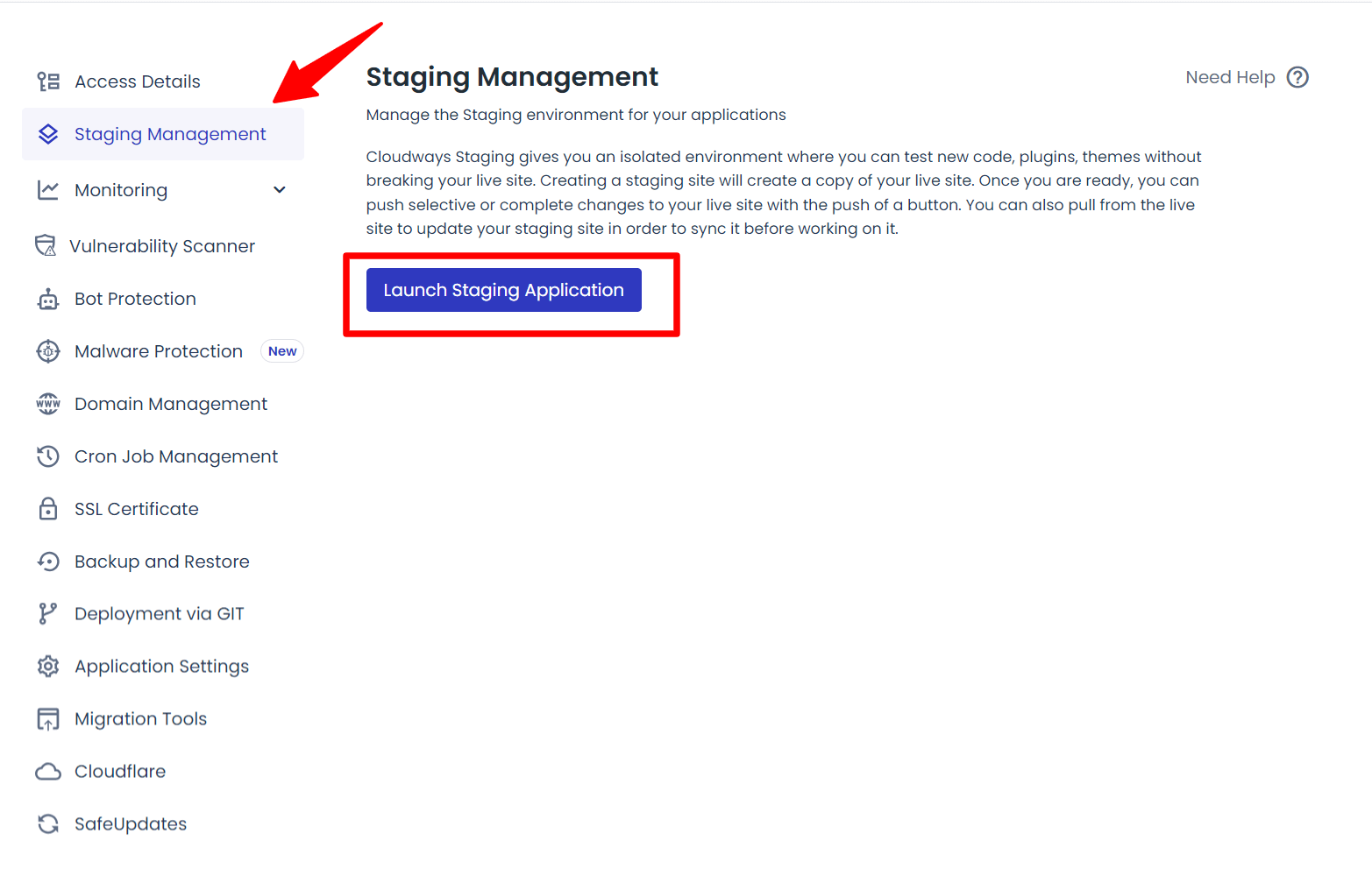 Cloudways 暂存管理 - 设置按钮