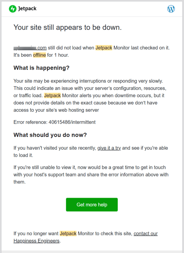 Jetpack Monitor 宕机提醒邮件:通知网站主他们的 WordPress 网站已离线一小时