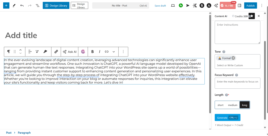 WordPress 编辑器中的 RankMath Content AI 界面