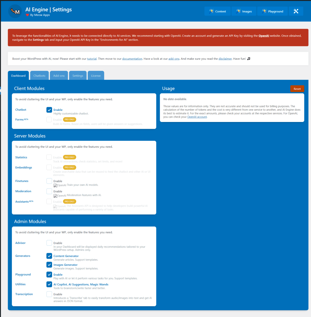 AI Engine WordPress 插件仪表盘