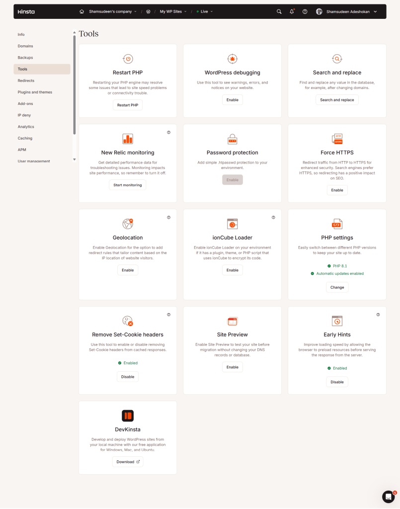 Kinsta 仪表盘工具