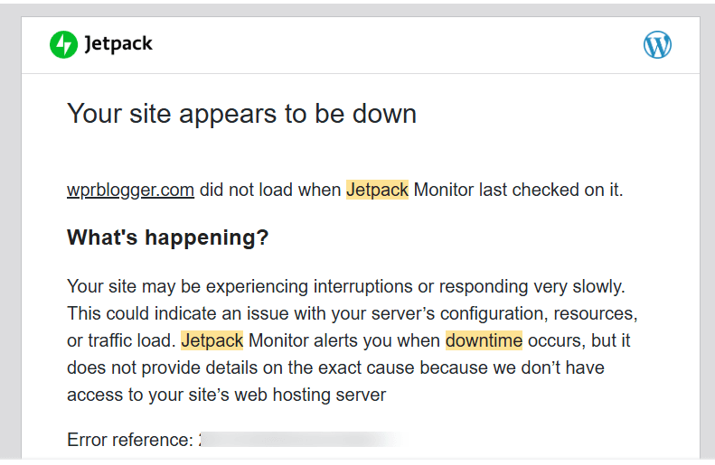 Jetpack 邮件提醒:说明 WordPress 网站宕机,带错误参考