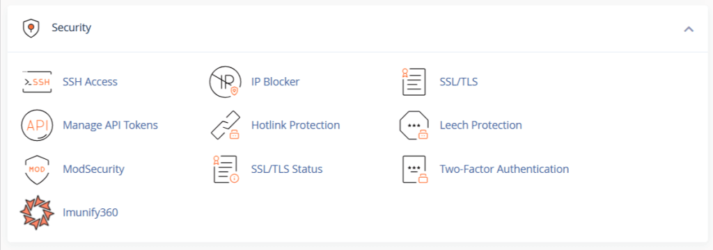 cPanel 安全界面:显示 SSH 访问、IP 阻止器、SSL/TLS 和双因素认证图标