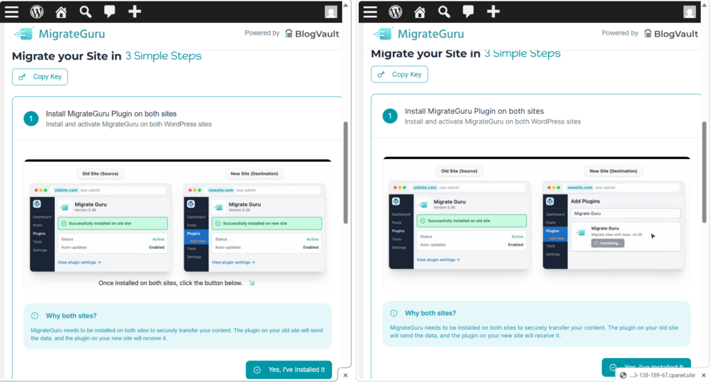 并排视图：开始网站迁移过程前，Migrate Guru 安装在旧和新 WordPress 网站