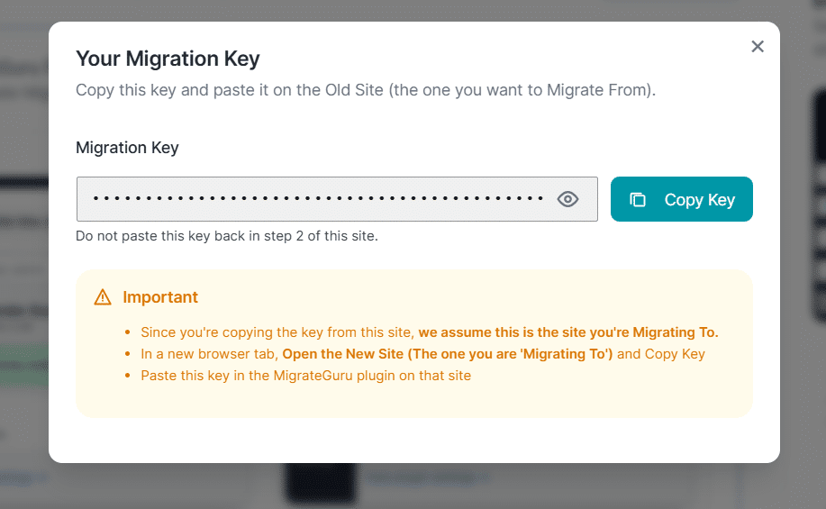 Migrate Guru 迁移密钥弹窗：显示目标网站的迁移密钥、复制密钥按钮，以及把密钥粘贴到源 WordPress 网站的说明