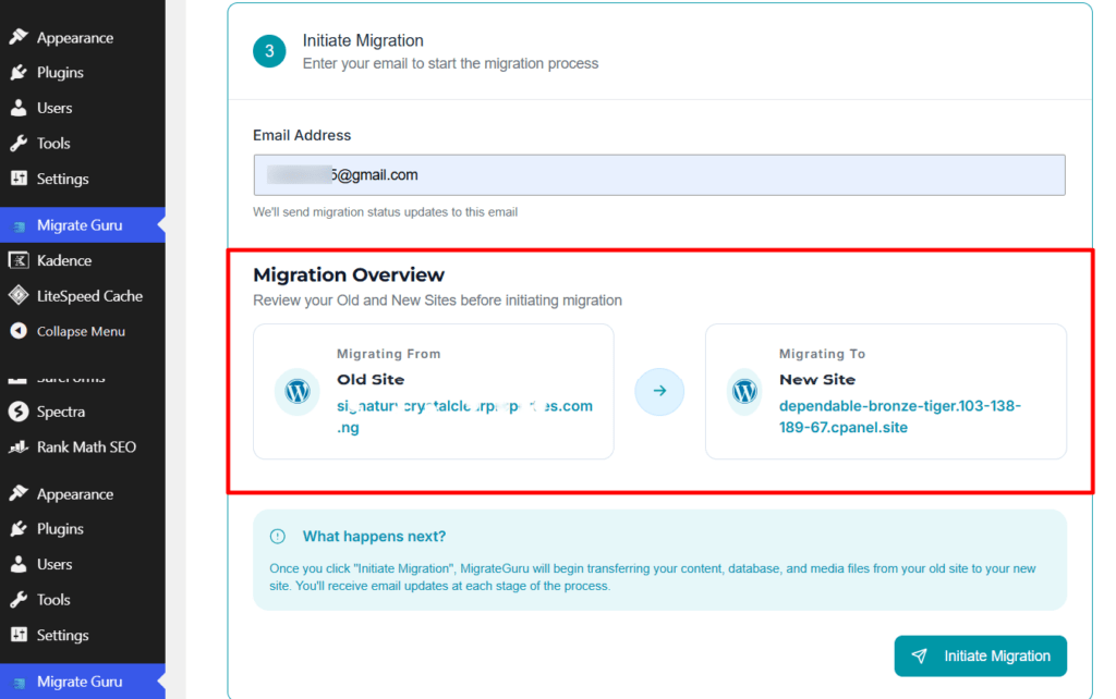 Migrate Guru 迁移概览界面：显示源和目标 WordPress 网站、邮件通知字段和开始网站转移前的发起迁移按钮