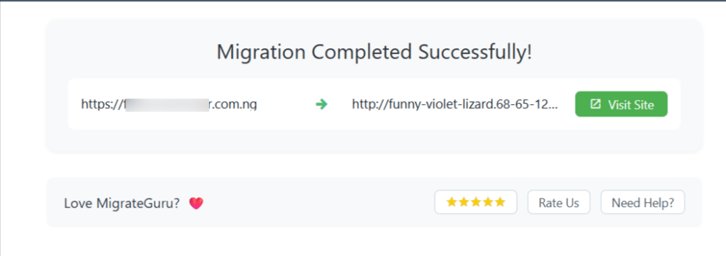 Migrate Guru 成功界面：确认 WordPress 网站迁移成功完成，带访问新迁移网站的链接