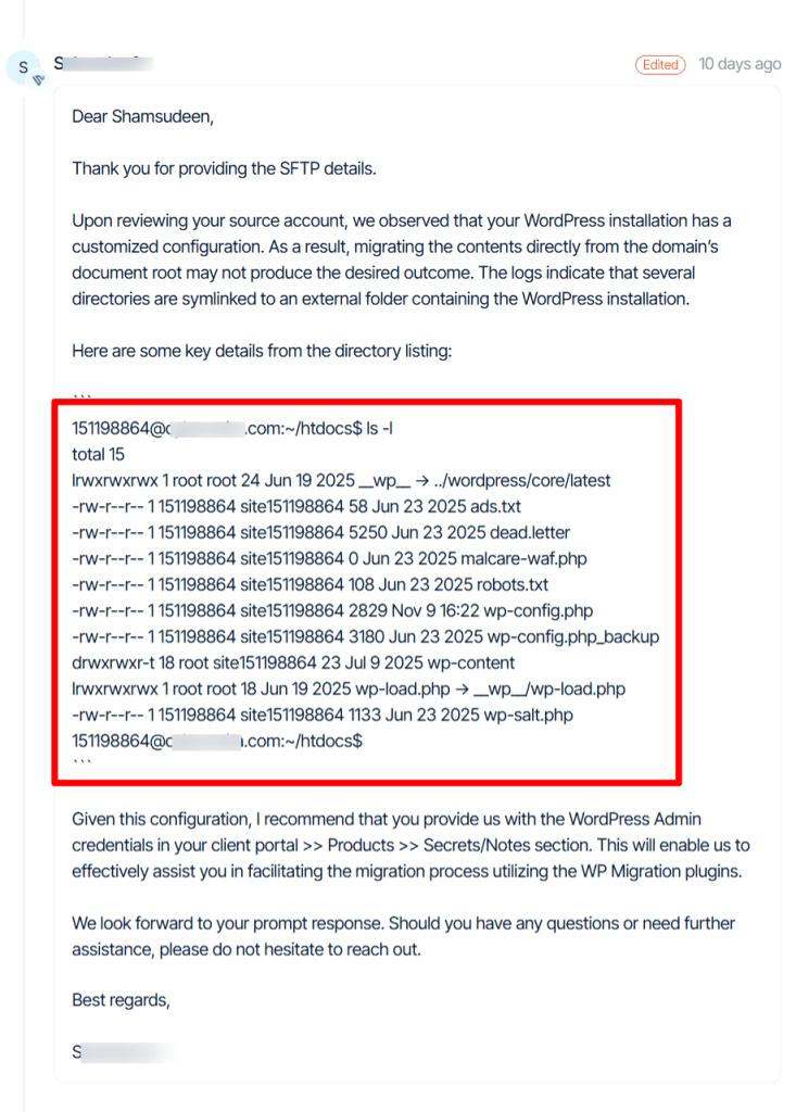 Verpex 支持工单邮件：突出显示自定义 WordPress 配置迁移的目录列表详情