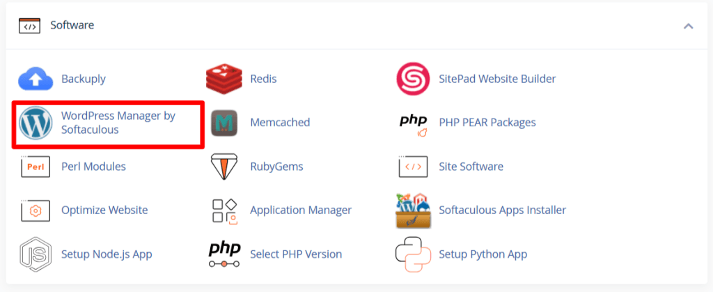 cPanel 软件菜单：高亮显示 Softaculous 的 WordPress Manager 图标