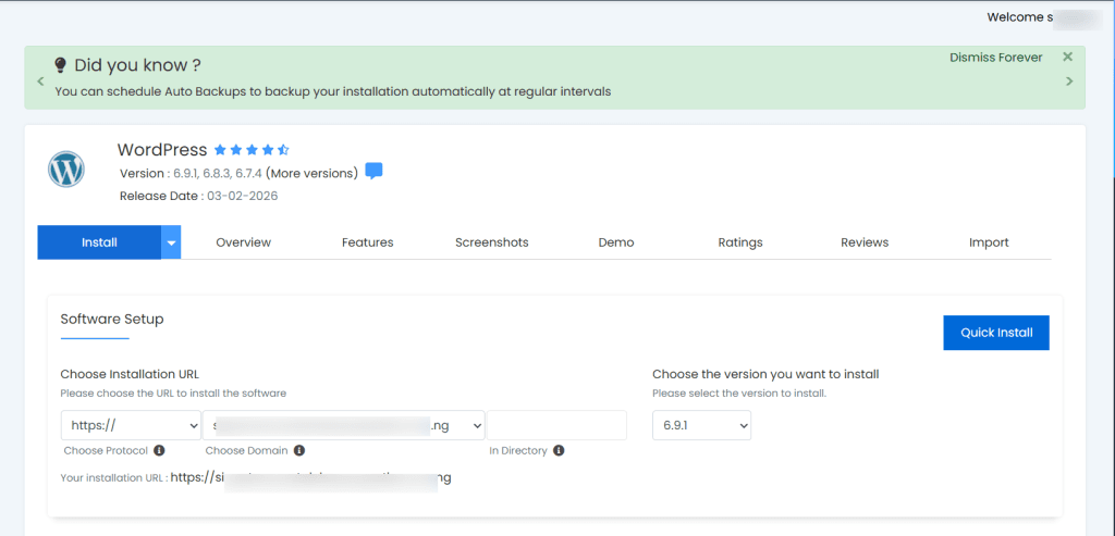 Softaculous 安装 WordPress 界面：显示版本 6.9.1 和软件设置字段