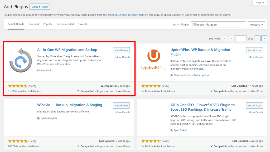 WordPress 插件页面：显示迁移工具搜索结果，高亮 All-in-One WP Migration 和 Backup 插件