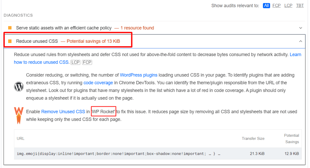 PageSpeed Insights - 推荐 WP Rocket 移除未使用 CSS